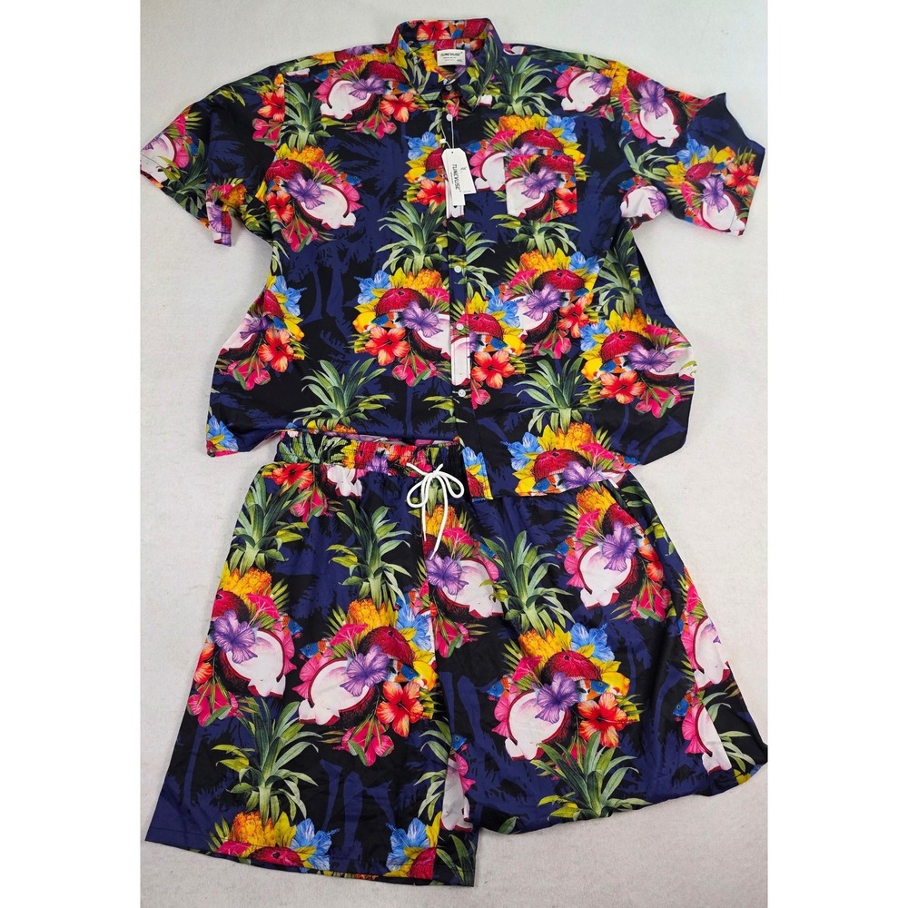Tunevuse Mens‎ 4XL 2pc Shirt Shorts Set Navy Tropical Floral NWT Regular Fit Big